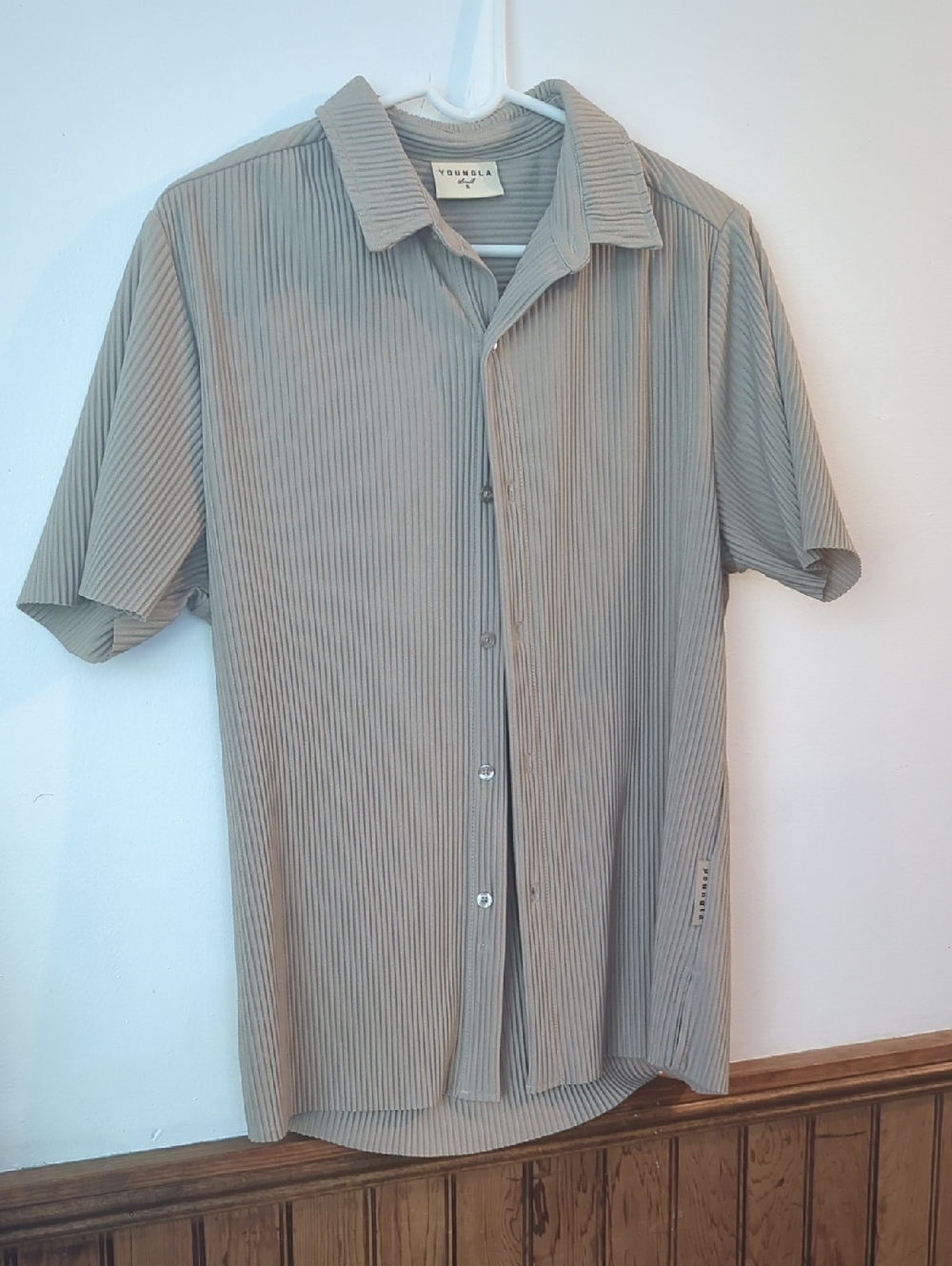 YoungLA Men's Short Sleeve Button-Down  Shirt - Taupe Ribbed